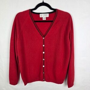 Ellen Lawrence San Francisco Red 100% Cashmere Cardigan Sweater Black Trim Sz L